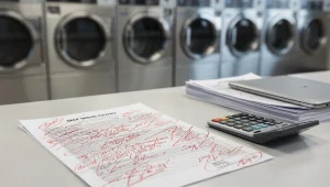 Preventivo annotato a penna per una lavanderia self-service con lavatrici sullo sfondo